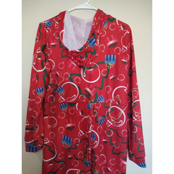 Red Christmas One Piece Hoodie Pajama Unisex Medium‎ AOP With Ornaments Bells - Picture 3 of 8